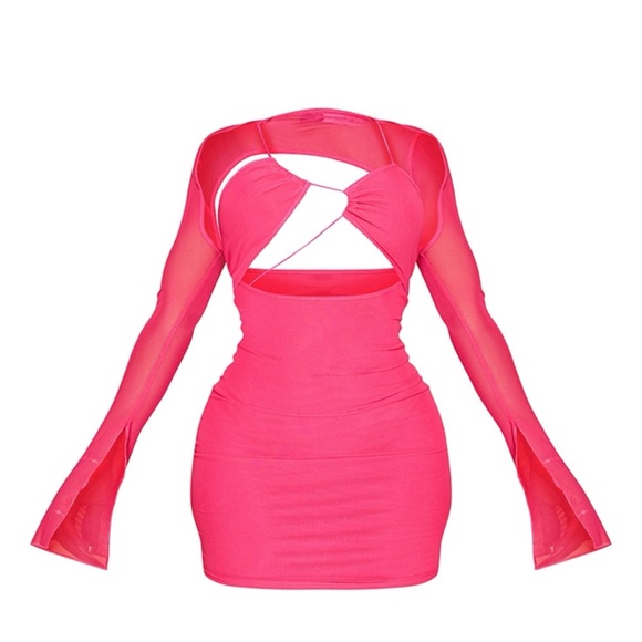 Shape Hot Pink Mesh Lace Up Detail Overlay Bodycon Dress - Picture 1 of 5